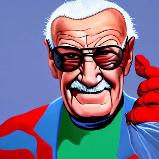 Image similar to photorealistic painting of stan lee wearing a spider - man costume but holding the mask in his hand, happy, 4 k