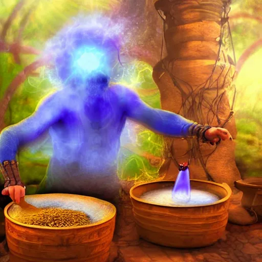 Prompt: a shaman preparing a magic decoction in a dreamy atmosphere, 4 k, 3 d, digital painting