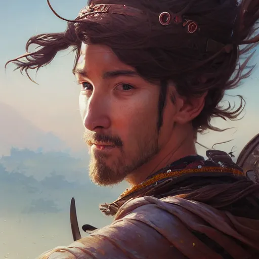 Image similar to Hyper realistic detailed portrait of Kurdish samurai, Stephen Bliss, unreal engine, fantasy art by Greg Rutkowski, Loish, Rhads, ferdinand knab, Makoto Shinkai and Lois van baarle, ilya kuvshinov, rossdraws, Tom Bagshaw, alphonse mucha, global illumination, radiant light, detailed and intricate environment, highly detailed, award winning art