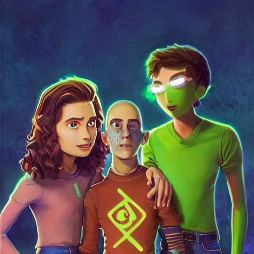 Image similar to a skinny young man with spikey brown hair and chubby young woman with short wavy brown hair and glowing green eyes as a super hero team, pixar cute, highly detailed, sharp focus, neon color, digital painting, artwork by Jeremiah Ketner + Mati Klarwein + Fintan Magee + Chris Mars, background artwork by greg rutkowski