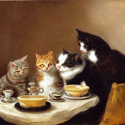Prompt: 3 cats ( two calico and one tabby ) enjoying fancy english tea together, painting by rembrandt