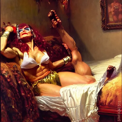 Image similar to macho man randy savage ring gear is in his bed, nervous and terrified, because miss elizaneth from hell is attacking him. highly detailed painting by gaston bussiere, j. c. leyendecker, greg rutkowski, craig mullins 8 k