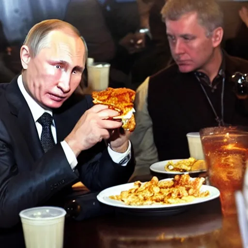 Image similar to Vladimir Putin enjoying dixie chicken after a long party, photo, iphone, camera