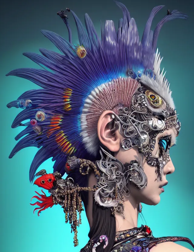 Image similar to 3 d goddess close - up profile portrait punk with mohawk with ram skull. beautiful intricately detailed japanese crow kitsune mask and clasical japanese kimono. betta fish, jellyfish phoenix, bio luminescent, plasma, ice, water, wind, creature, artwork by tooth wu and wlop and beeple and greg rutkowski