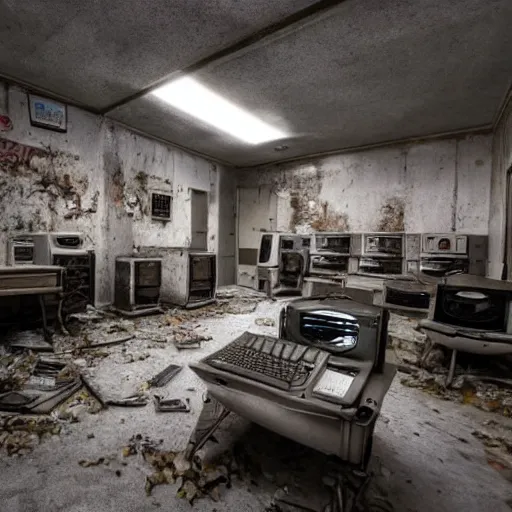 Prompt: An abandoned room with old computers. This place is really scary. There are spiders and an old hacker in the room Highly detailed. 8k. Fantasy horror