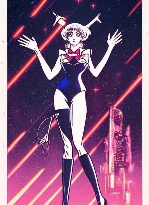 Image similar to illustration of sailor moon in the world of blade runner 1 9 8 2, poster in 8 0 s style, joao ruas style