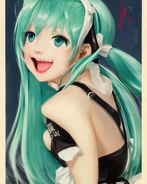 Image similar to hatsune Miku with cute face by Gil Elvgren and Enoch Bolle