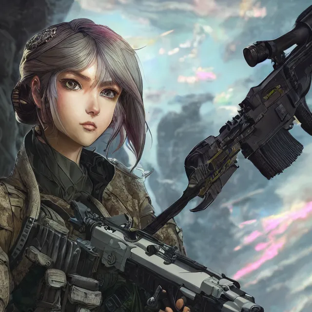 Image similar to the portrait of lawful neutral female futuristic infantry sniper as absurdly beautiful, gorgeous, elegant, young anime girl, an ultrafine hyperdetailed illustration by kim jung gi, irakli nadar, intricate linework, bright colors, octopath traveler, final fantasy, unreal engine 5 highly rendered, global illumination, radiant light, detailed and intricate environment