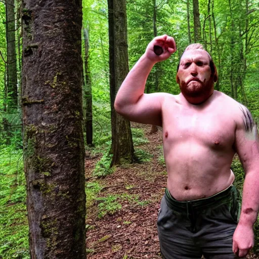 Prompt: big butcher man posing scarily, earie setting, in a forest, horror, hyperdetailed