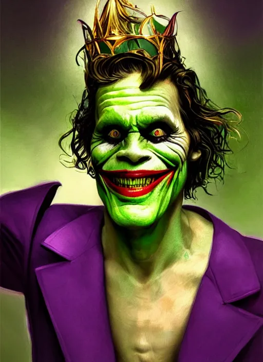 Image similar to portrait of sumptuous William Dafoe as the Joker, opulent, laughing pose, sigma male, gigachad, lavish green hair, batman crown, purple luxurious futuristic suit, fantasy, elegant, realistic, highly detailed, digital painting, artstation, concept art, smooth, sharp focus, illustration, art by artgerm and greg rutkowski and alphonse mucha