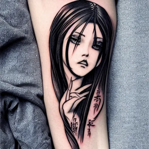 Image similar to tattoo design, stencil, beautiful young female, long dark hair, symmetrical facial features, Japanese, partially clothed in robe, by William-Adolphe Bouguerea and artgerm