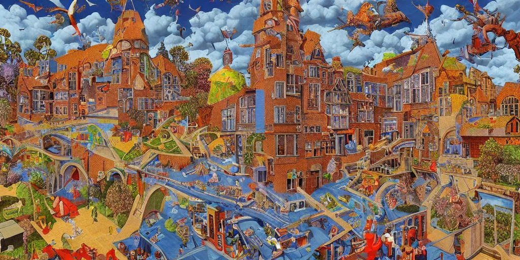 Image similar to the last virtual art museum in a 9 0's video game, made in 1 9 9 0, in the style of mc escher and heironymus bosch, colorful intricate masterpiece, hyper detailed