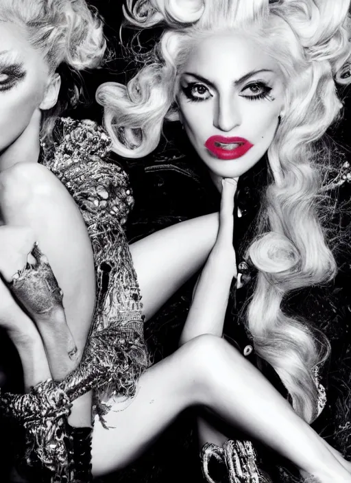 Prompt: lady gaga and madonna styled by nick knight, posing, high fashion classy, glamour, full body shot, set pieces, intricate set, vogue magazine, canon, highly realistic. high resolution. highly detailed. dramatic. 8 k. 4 k.
