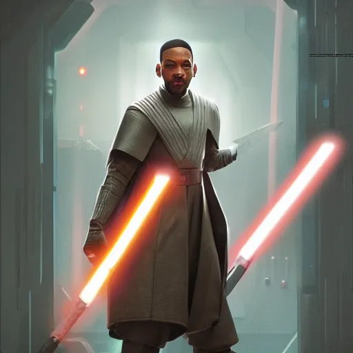 Image similar to will smith as a jedi, starwars, hyper detailed, digital art, trending in artstation, cinematic lighting, studio quality, smooth render, unreal engine 5 rendered, octane rendered