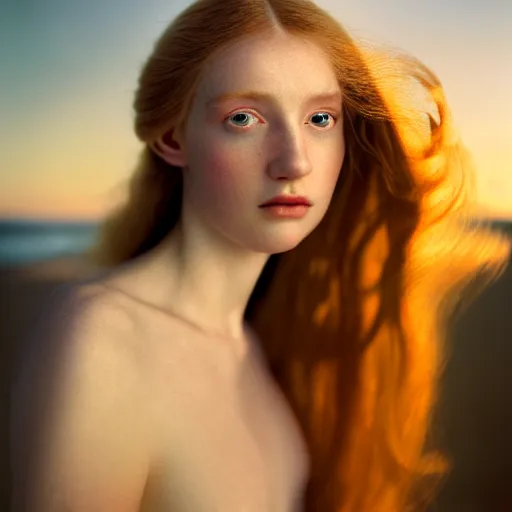 Prompt: high detail photographic portrait of a stunningly beautiful english renaissance female in soft dreamy light at sunset, beside the sea, soft focus, contemporary fashion shoot, hasselblad nikon, in a denis villeneuve movie, by edward robert hughes, annie leibovitz and steve mccurry, david lazar, jimmy nelsson, hyperrealistic, perfect face