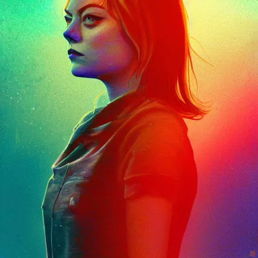 Prompt: Emma Stone with gun swimming in chromatic distortions in misty mysterious place, beautiful, psychedelic, lsd, trending on artstation, omnious, soft, artwork by Tran, Ross