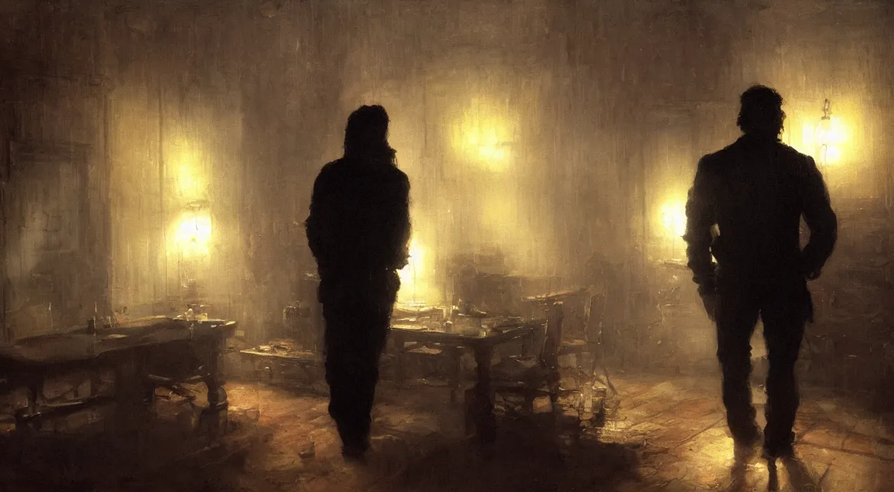 Prompt: a man with black hair and beard, wearing a black jacket, white shirt and jeans, afraid, standing in a dimly lit room, vivid colors, soft lighting, atmospheric, cinematic, moody, highly detailed painting by gaston bussiere, craig mullins, 8 k
