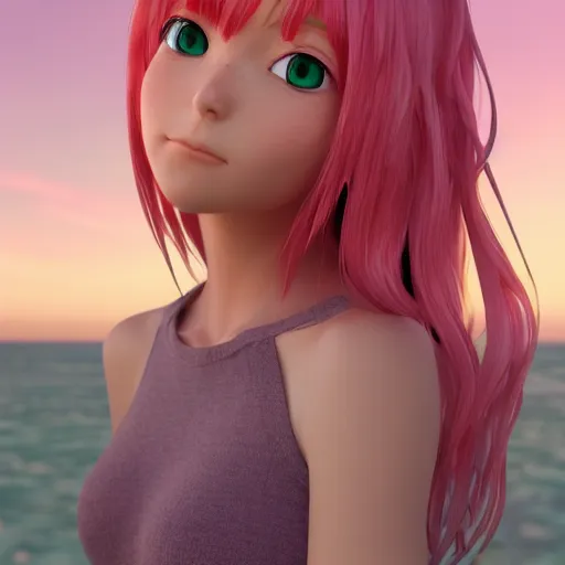 Image similar to Render of a beautiful 3d anime Xbox controller, long pink hair, hazel eyes, cute freckles, full round face, soft smile, cute sundress, golden hour, serene beach setting, medium shot, mid-shot, hyperdetailed, trending on Artstation, Unreal Engine 4k