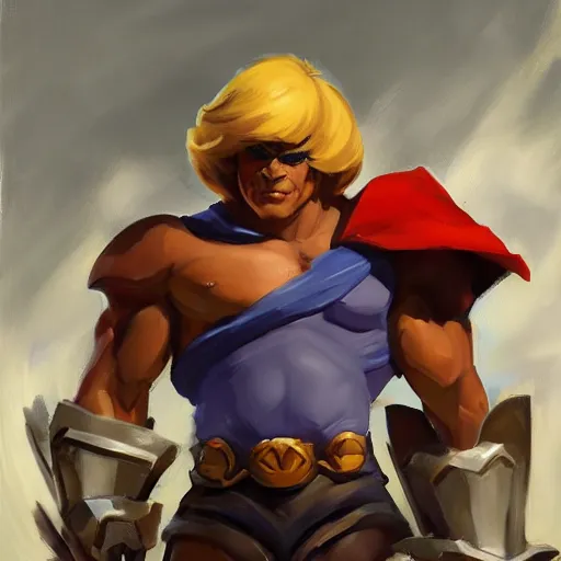 Prompt: greg manchess portrait painting of gorgeous he - man the master of the universe as overwatch character, medium shot, asymmetrical, profile picture, organic painting, sunny day, matte painting, bold shapes, hard edges, street art, trending on artstation, by huang guangjian, gil elvgren, ruan jia, greg rutkowski, gaston bussiere