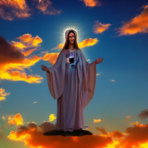 Image similar to a realistic digital photo of virgin mary as sunset clouds