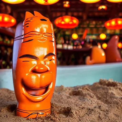 Image similar to a closeup photorealistic photograph of a glossy orange cat garfield style tiki mug sitting at a trader vic's beach bar featuring garfield's face. tiki theme. bright scene. fine detail. this 4 k hd image is trending on artstation, featured on behance, well - rendered, extra crisp, features intricate detail, epic composition and the style of unreal engine.