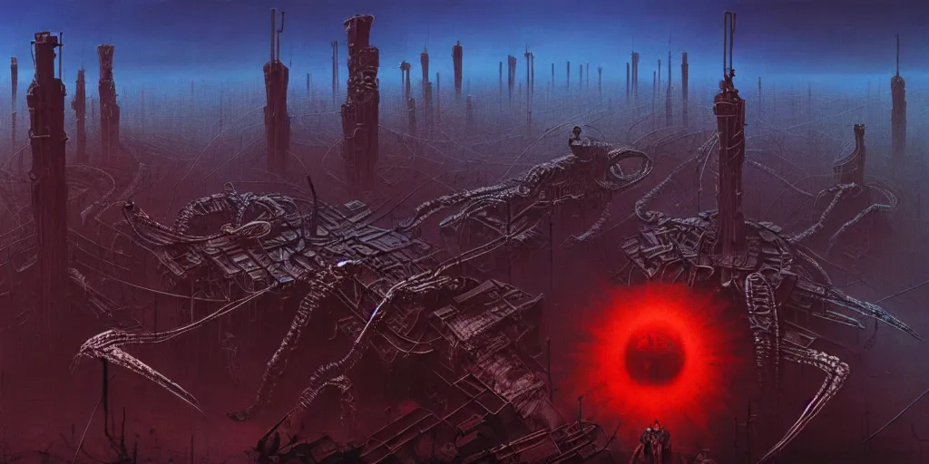 Prompt: resistance fighters, the terrible fate of the world after nuclear war, ruined cities, ai robot tendril remnants, biomachine war against humanity, beksinski, giger, machine entity, blue red contrast, ambient art wallpaper popular on artstation