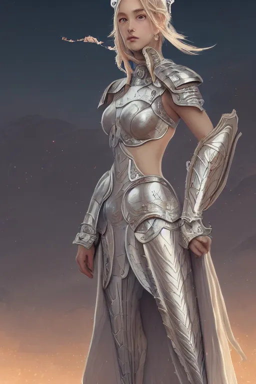 Image similar to portrait young knights of Zodiac girl, matt white color armor, in ruined Agora of Athens Sunrise, ssci-fi and fantasy, intricate and very beautiful and elegant, highly detailed, digital painting, artstation, concept art, smooth and sharp focus, illustration, art by tian zi and WLOP and alphonse mucha