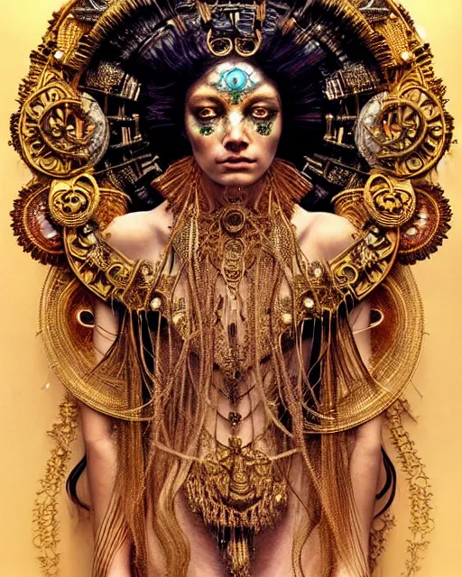 Image similar to hyperrealistic detailed portrait of a beautiful goddess in an intricate golden ornamental ritual headdress, intricate cyberpunk make - up, golden face tattoos, insane details, art by ernst haeckel, nekro borja, android jones, alphonso mucha, john william godward, gothic - cyberpunk, beautiful deep colours,