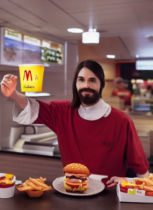 Image similar to still of jesus christ in mcdonalds, canon eos c 3 0 0, ƒ 1. 8, 3 5 mm, 8 k, medium - format print,