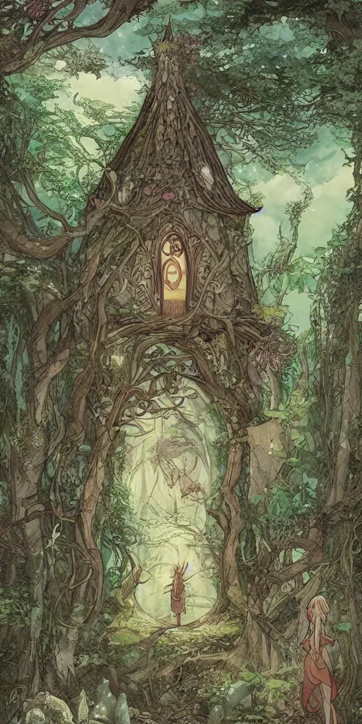 Prompt: an elvish Fairy house in the Woods, fantasy, art nouveau, daylight, warm light, spring, studio ghibli, Moebius, siya oum, ultra detailed, High definition, Sharp
