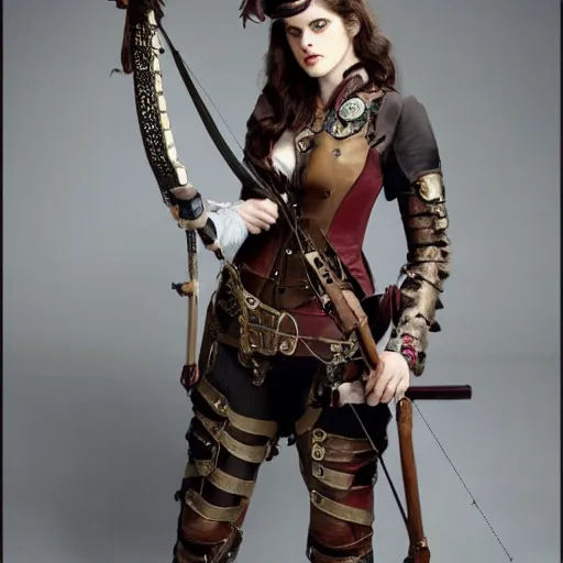 Prompt: photo of alexandra daddario as a steampunk archer, full shot,