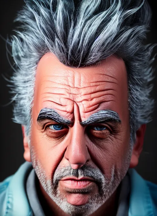 Prompt: rick sanchez closeup photograph dslr photorealistic, studio lighting, ektachrome, detailed, intricate, face detail