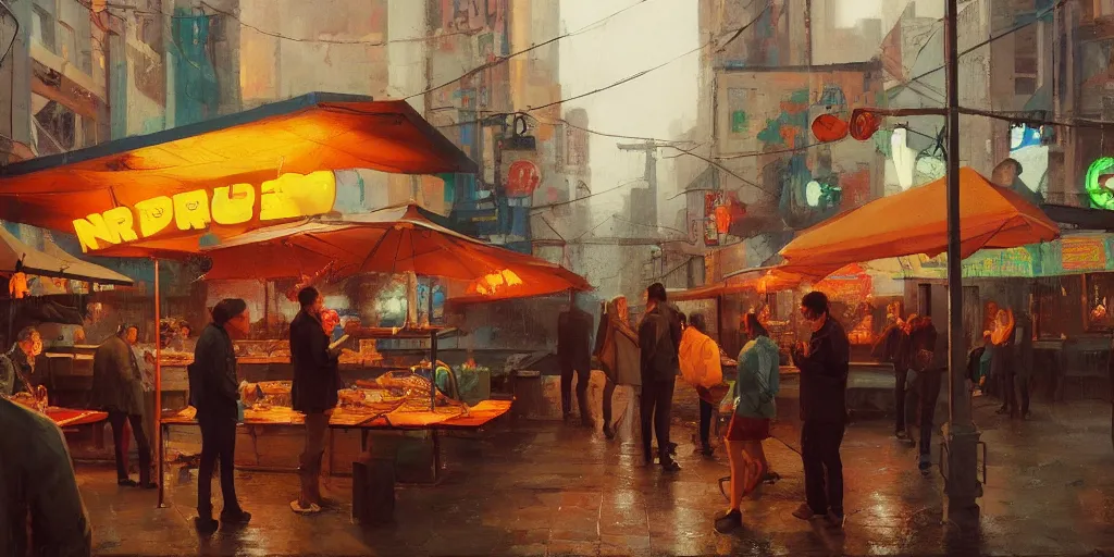 Image similar to people eating at street food noodle shop, chillwave, electronic billboards, tech noir, wet reflections, atmospheric, ambient, livia prima, greg rutkowski, edward hopper, pj crook