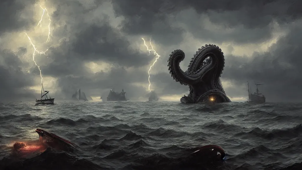 Image similar to small boat in foreground, giant big kraken in the background, lightning in background, intricate, detailed, volumetric lighting, sharp focus, scenery, photorealism, digital painting, highly detailed, concept art, ruan jia, steve mccurry