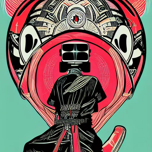 Image similar to !dream Illustrated by Shepard Fairey and H.R. Geiger | Cyberpunk Samurai with VR helmet, surrounded by cables