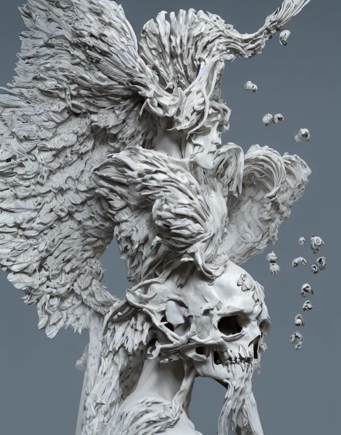 Prompt: biomechanical wear of a falling man in the form of a Greek sculpture Winged Victory of Samothrace with wings and skulls. white plastic. baroque elements, human skull, jellyfish, butterfly, phoenix head. burning water. intricate artwork. halo. octane render, cinematic, hyper realism, octane render, 8k, depth of field, bokeh. iridescent accents. vibrant. teal and gold and red colour scheme