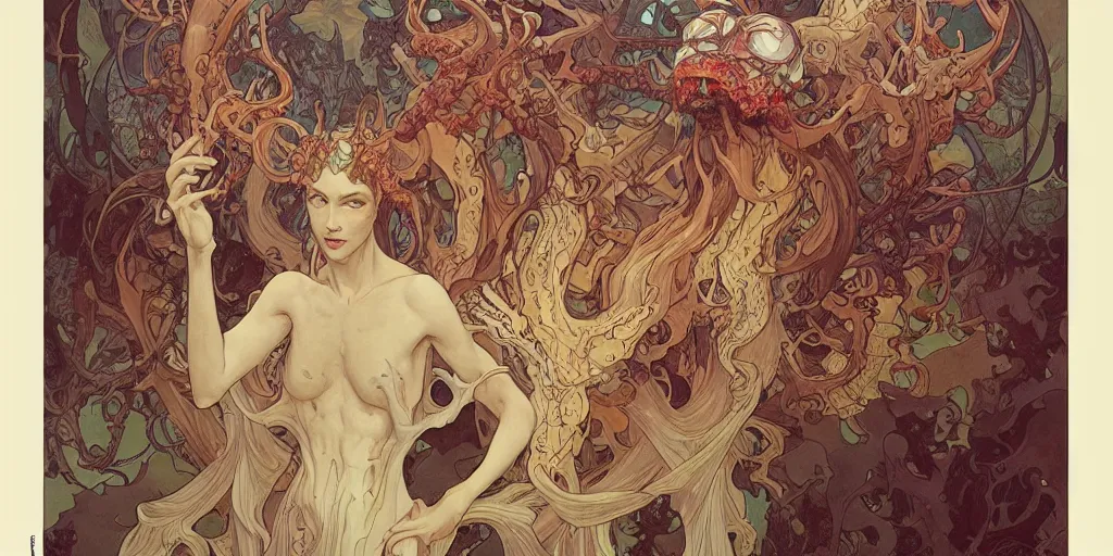 Image similar to epic concept illustration of a fungus demon god with many many arms, by james jean, by artgerm and greg rutkowski and alphonse mucha. uhd, amazing depth, cinematic lighting, glossy wet levitating floating fungus god with arms outstretched.