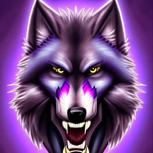 Image similar to anthropomorphic muscular purple wolf, generic furry style, wearing jeans, deviant art, professional furry drawing, insanely detailed, artistic design, hyper detailed wolf - like face, doing a pose from jojo's bizarre adventure, detailed veiny muscles, exaggerated features, beautiful shading, dramatic lighting, huge spikey teeth