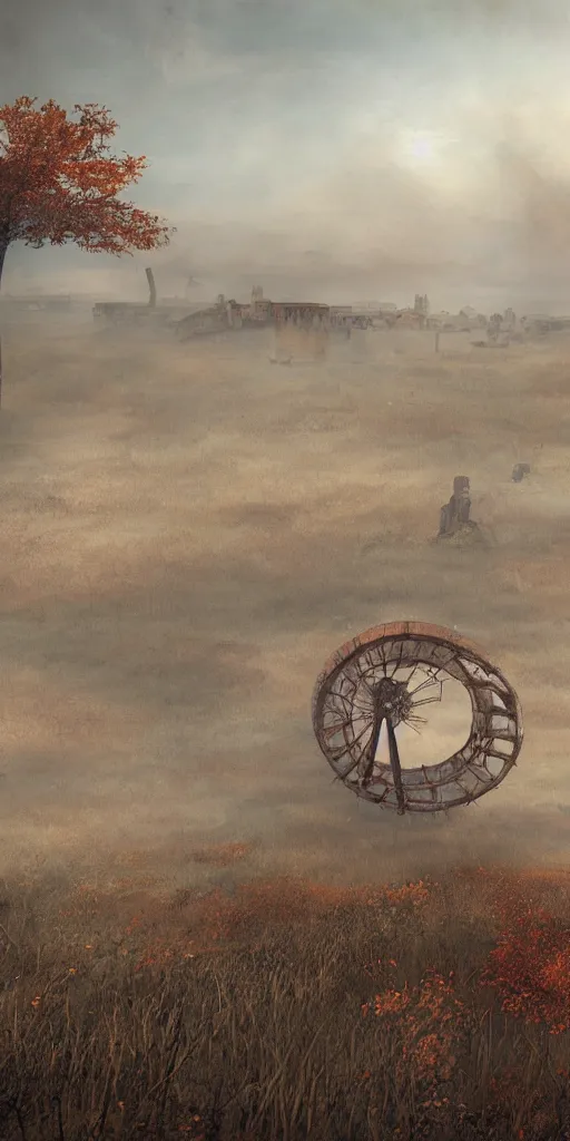 Prompt: rusty broken building constructions of a giant spiral upside - down staircase for multiple cases, leading to the sky, the ruins, in the steppe, autumn field, misty background, from the game pathologic 2, highly detailed, sharp focus, matte painting, by isaac levitan and asher brown durand,