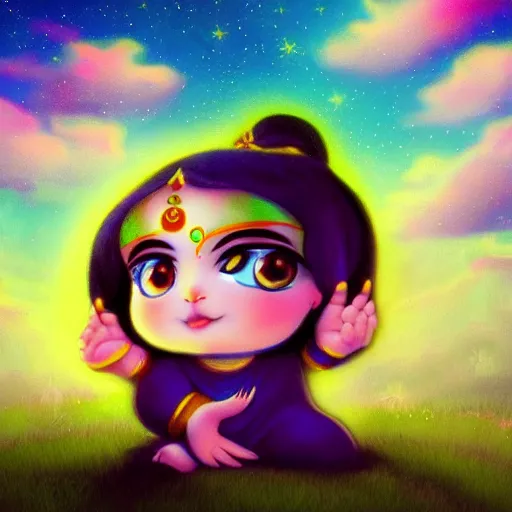 Image similar to baby krishna cute ,chibi style, foggy, clouds ,clear face , golden ratio, rule of thirds, magical effect ,artstation, galaxy