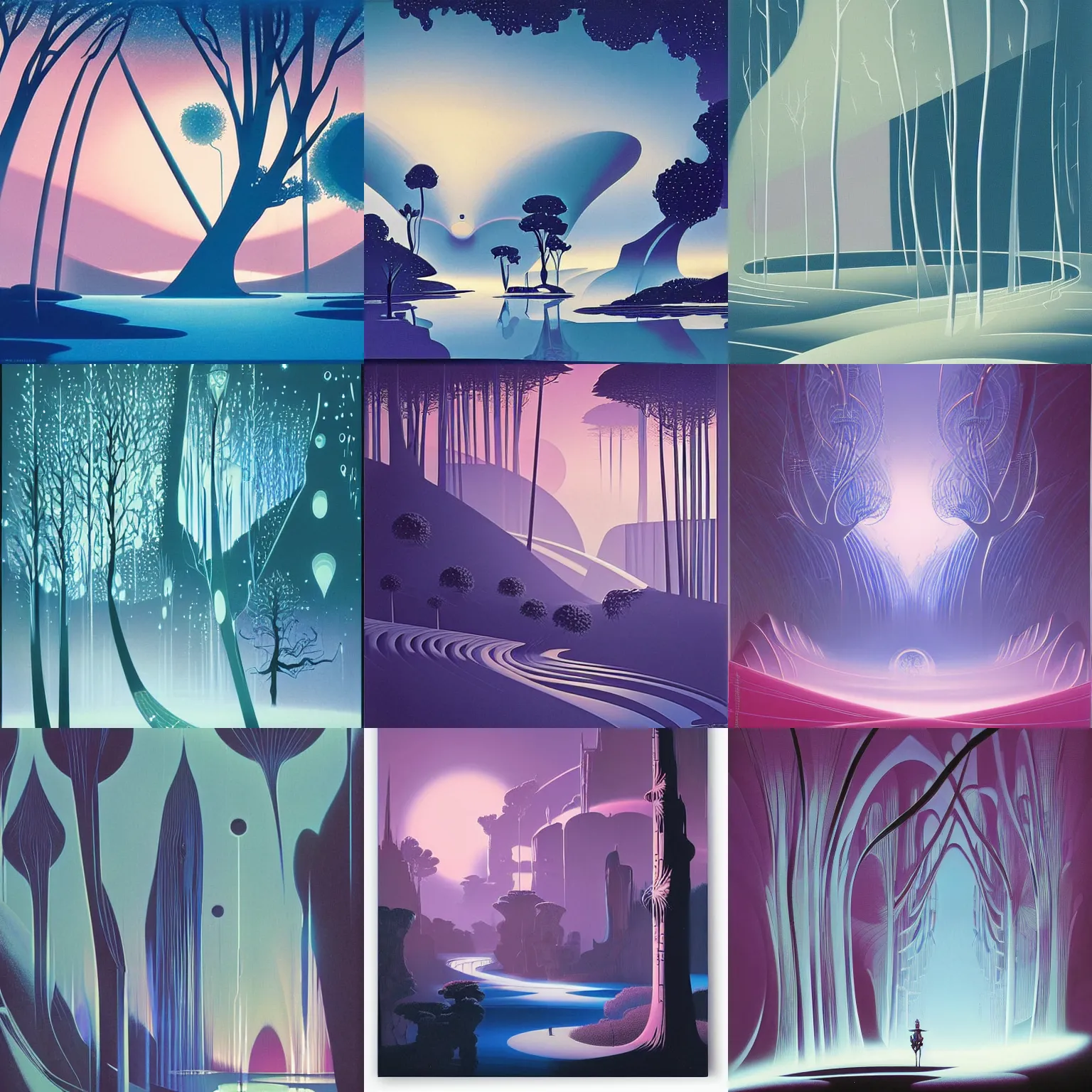Prompt: futuristic fantasy with chrono distortions and blue portal, at gentle dawn white - pink light, by eyvind earle
