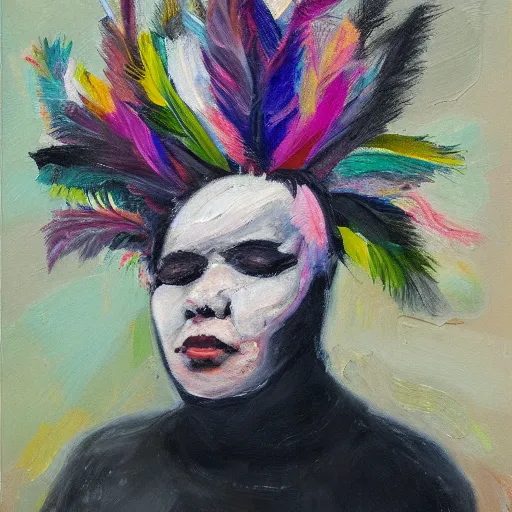 Prompt: a head covered in feathers, oil on canvas