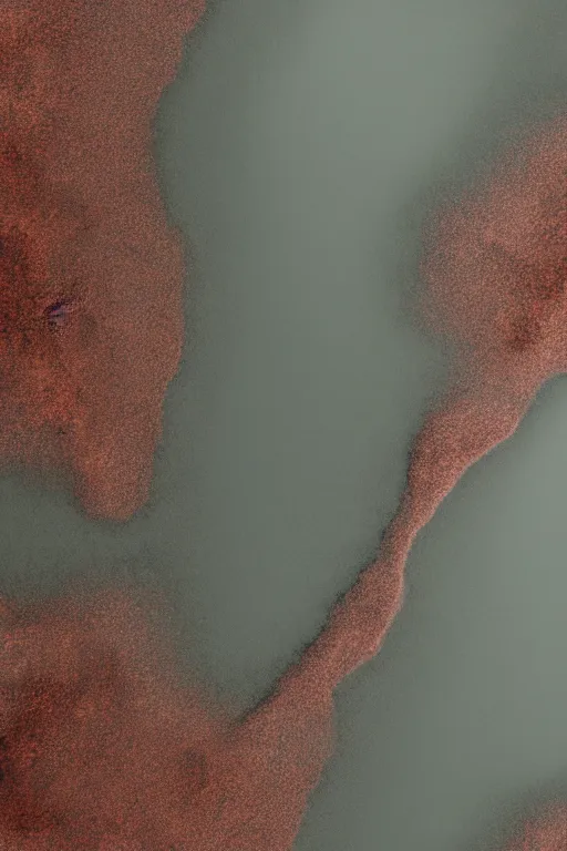 Image similar to realistic full height 7 0 mm cinematic flat rothko picture stunning river delta aerial top view highly detailed intricate particle simulation in houdini of scottish highlands by denis villeneuve and george steinmetz and hiroshi yoshida, hazy morning foggy, distant rainstorm, hyperrealism, red brown muted colours, matte painting, trending on artstation, 4 k detailed post processing, rendered in octane