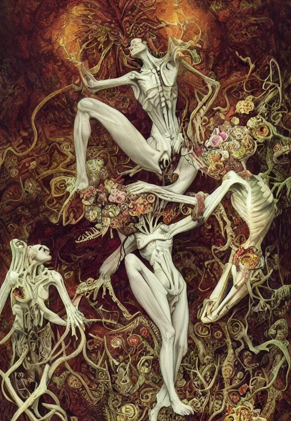 Prompt: simplicity, elegant, colorful muscular eldritch bodies and bones radiating from fractal, orchids, flowers, mandala, white bones, by h. r. giger and esao andrews and maria sibylla merian eugene delacroix, gustave dore, thomas moran, pop art, chiaroscuro, biopunk, art nouveau