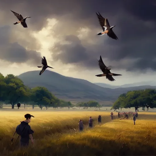 Image similar to flock of spanish swallow birds in avila, green fields, oaks, morning light, spring, 4 k, midday light, concept art, by wlop, ilya kuvshinov, artgerm, krenz cushart, greg rutkowski, pixiv. cinematic dramatic atmosphere, sharp focus, volumetric lighting, cinematic lighting, studio quality