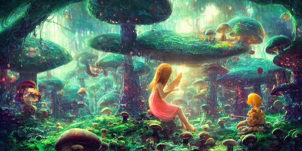 Prompt: ”young girl sitting by a mushroom and playing a flute, giant mushroom houses in a mysterious fantasy forest, [bioluminescense, rope bridges, art by wlop and paul lehr, cinematic, colorful]”