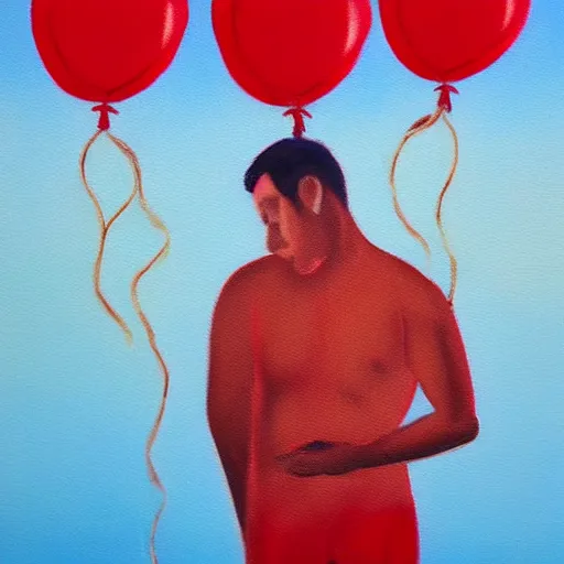 Prompt: “ wistful oil painting of a man watching parts of himself float away like red balloons against a sky at sunset, these are all his memories, he is steeling himself to become a champion of loss ”