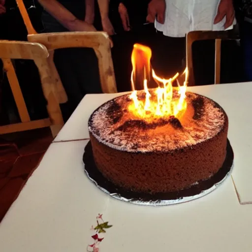Prompt: bibpday cake on fire