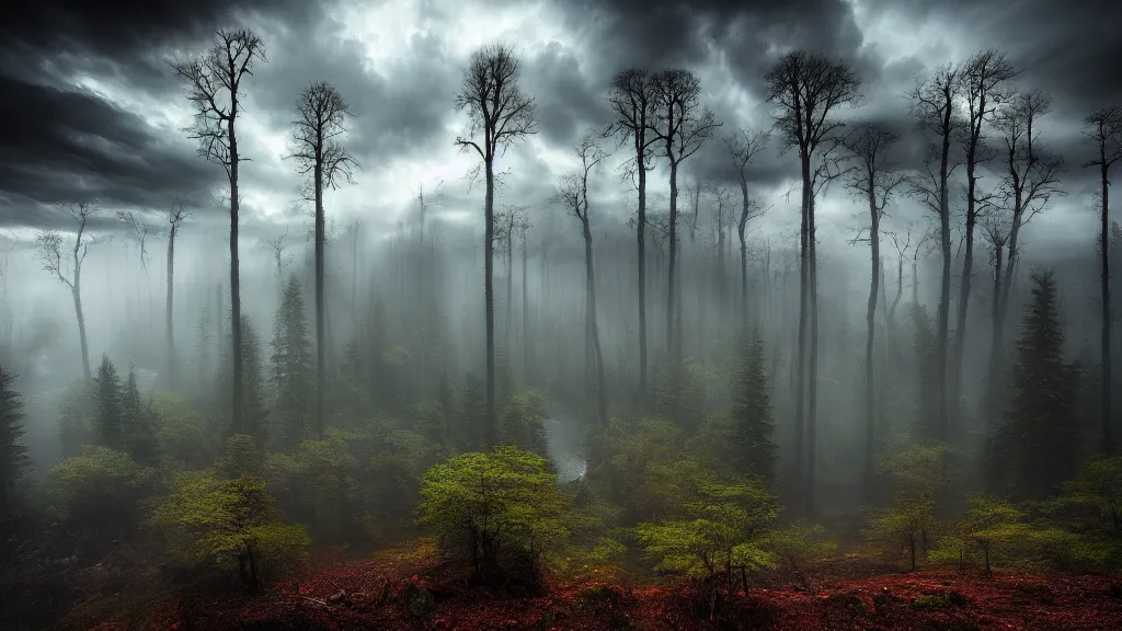 Image similar to amazing landscape photo of a dark forest of despair and misery with lake by marc adamus, beautiful dramatic lighting