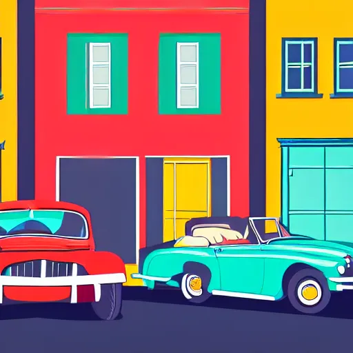 Prompt: book illustration of an old street with old cars, happy people, book illustration, colorful, white background, colorful image